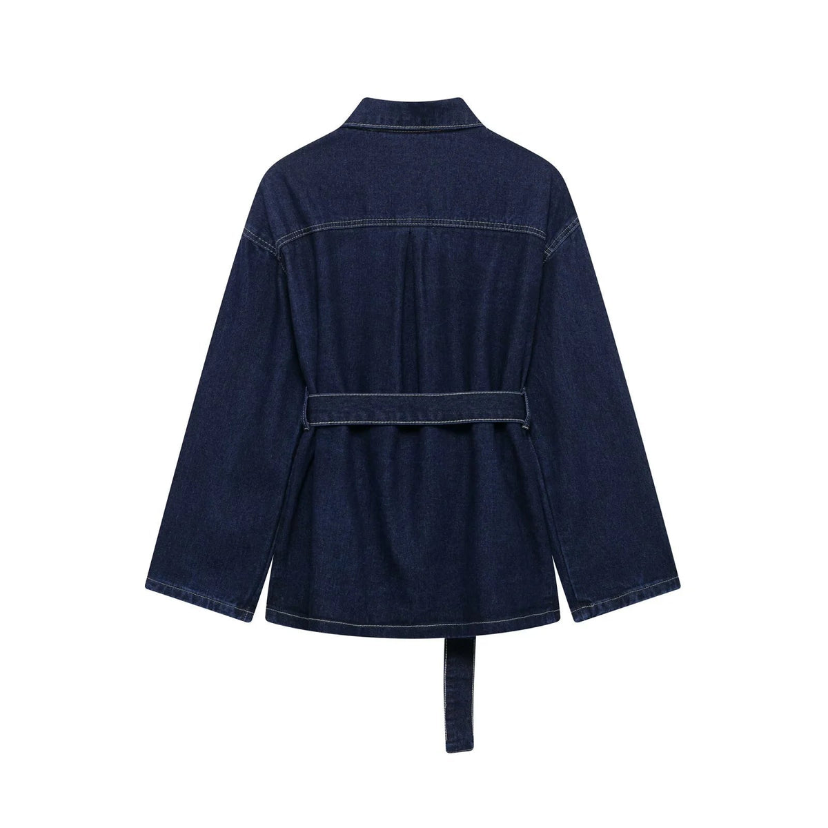 Women’s Belted Denim Utility Jacket with Structured Collar and Relaxed Fit
