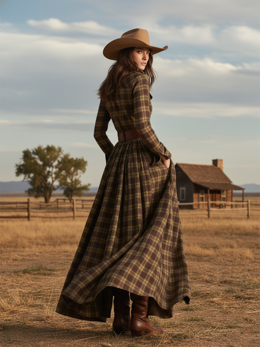 Retro Ethnic Style Lapel Reddish Brown Plaid Maxi Dress
