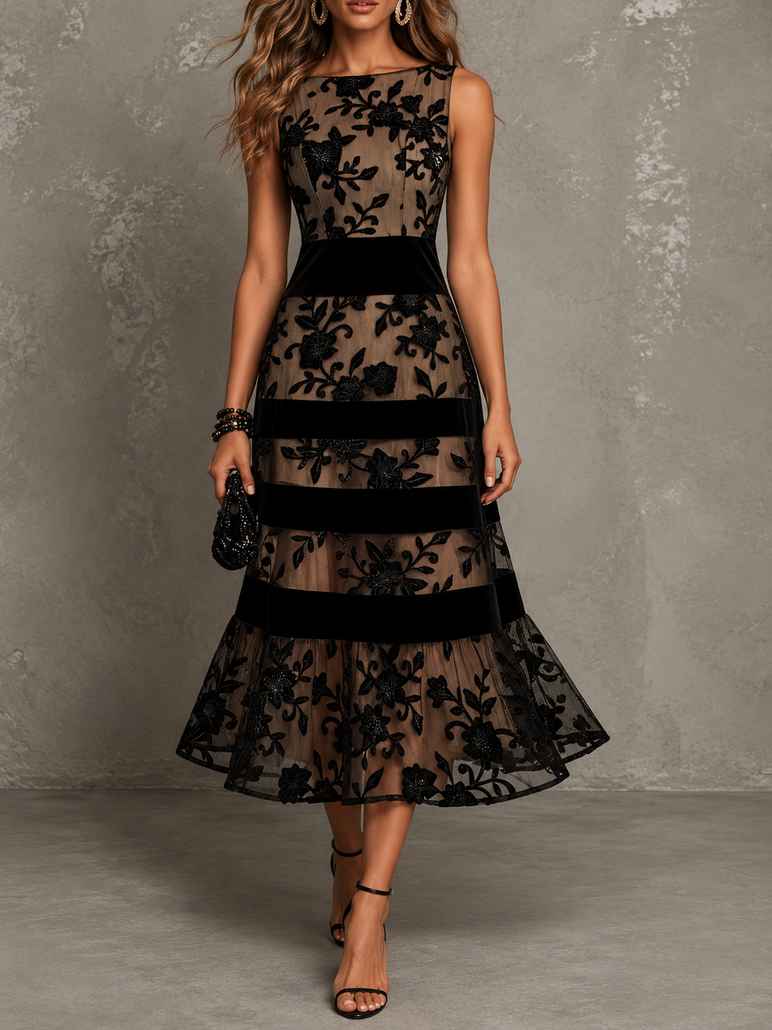 Cordelia | Black Floral A-Line Midi