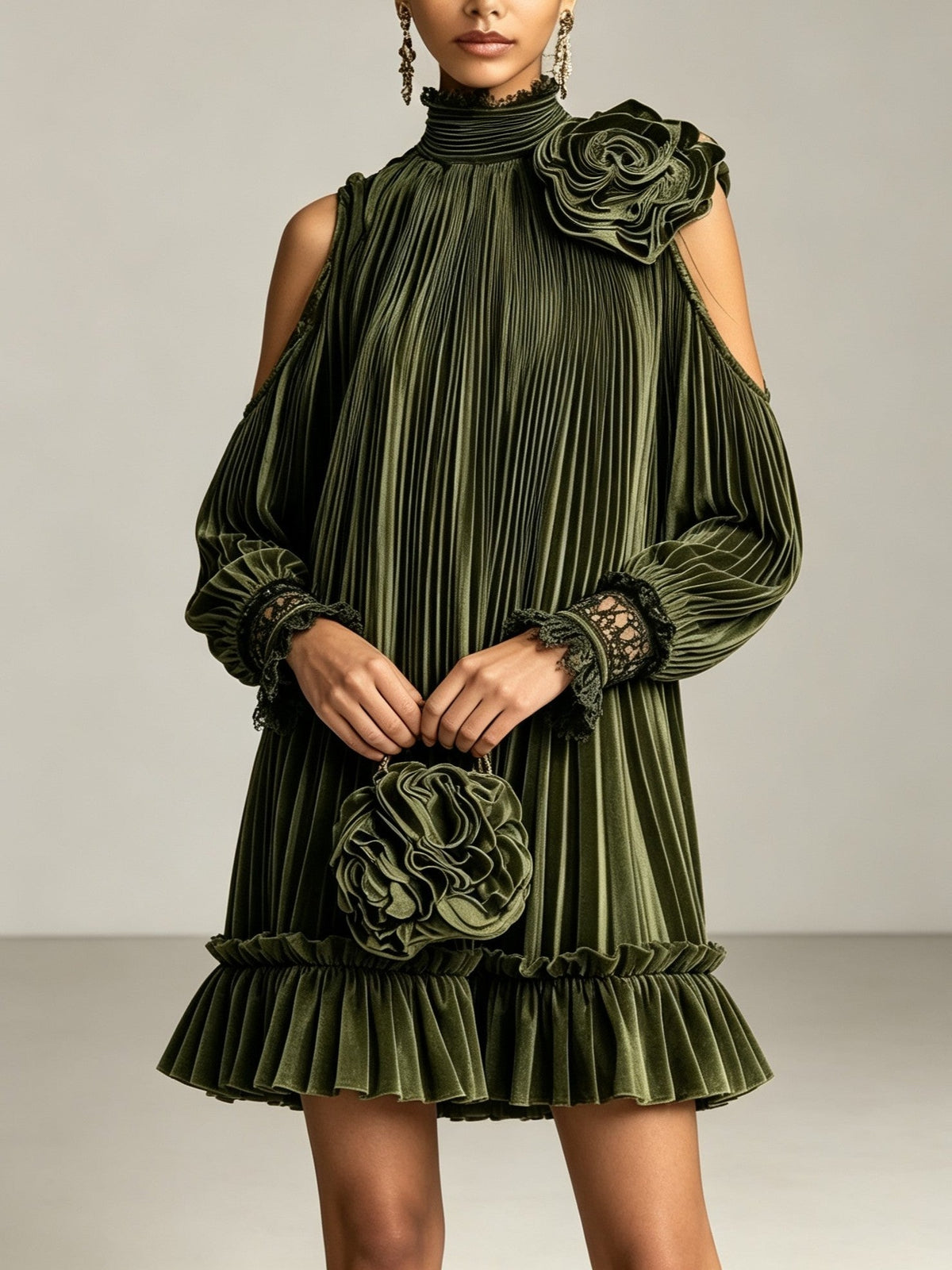 Elegant Olive Green Pleated Mini Dress with High Neck, Ruffle Hem & Rose Detail