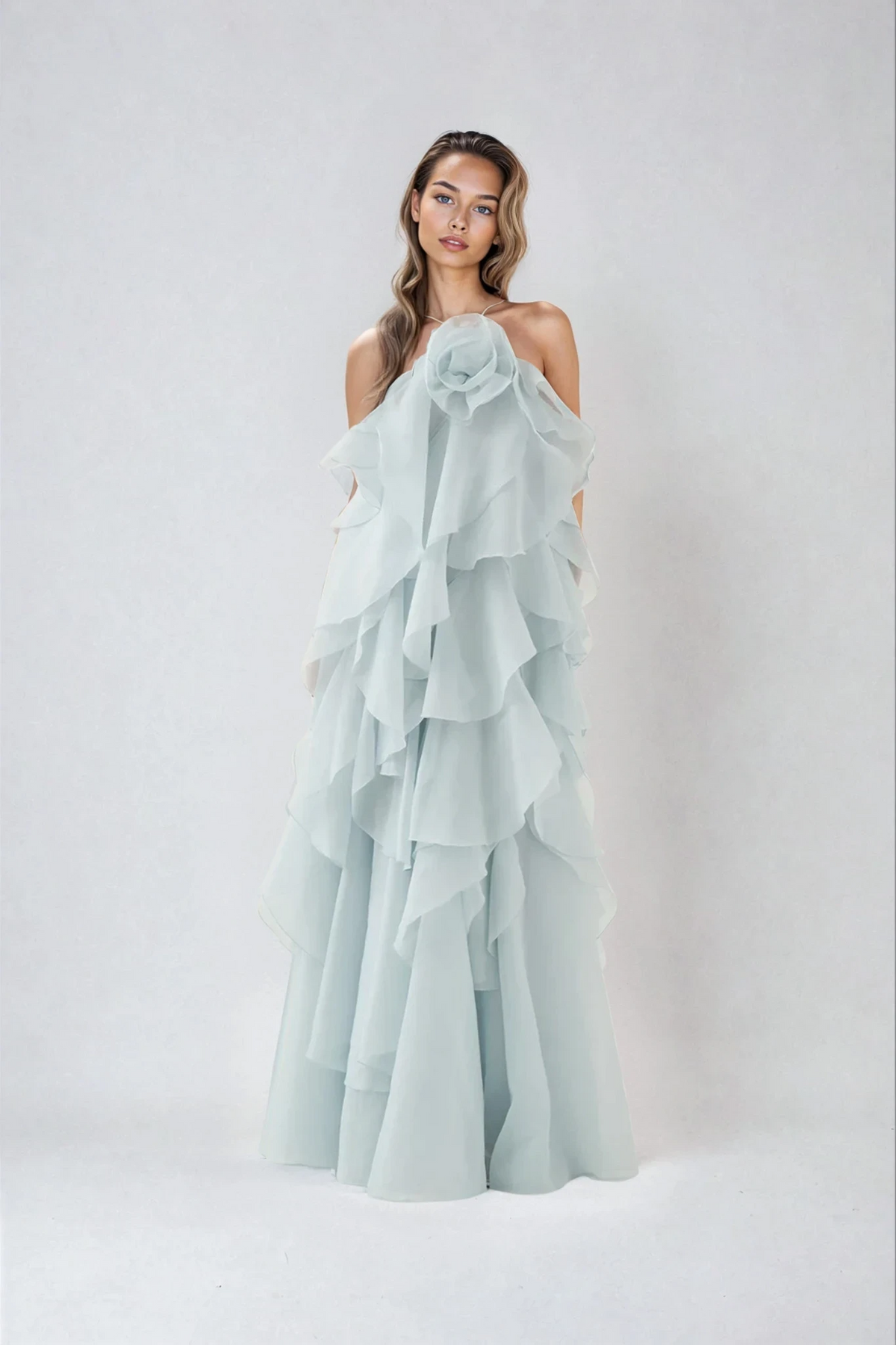 Nephele - Long Halter Ruffle Cocktail Dress