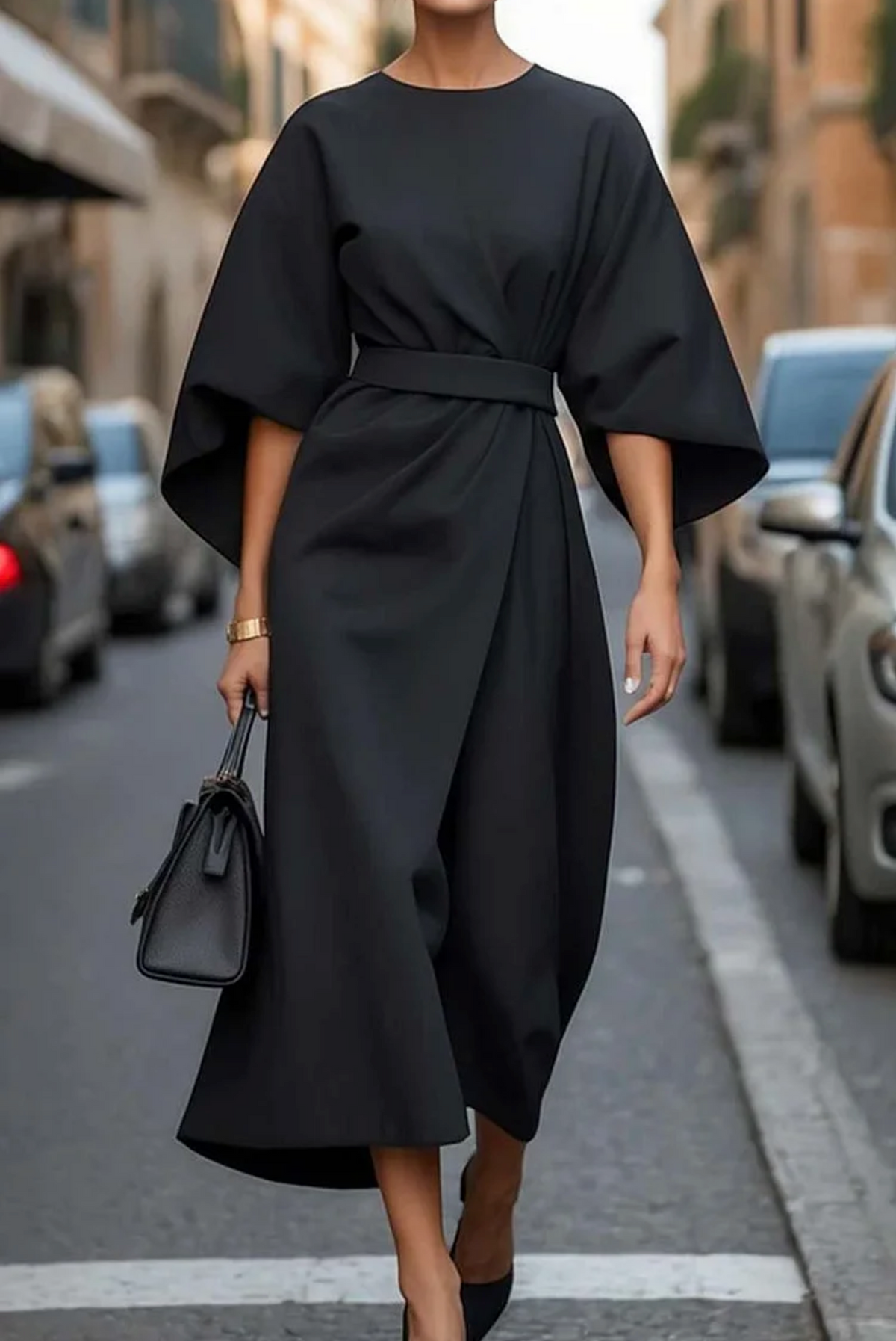 Elegant Dress with Lantern Sleeves and Belt