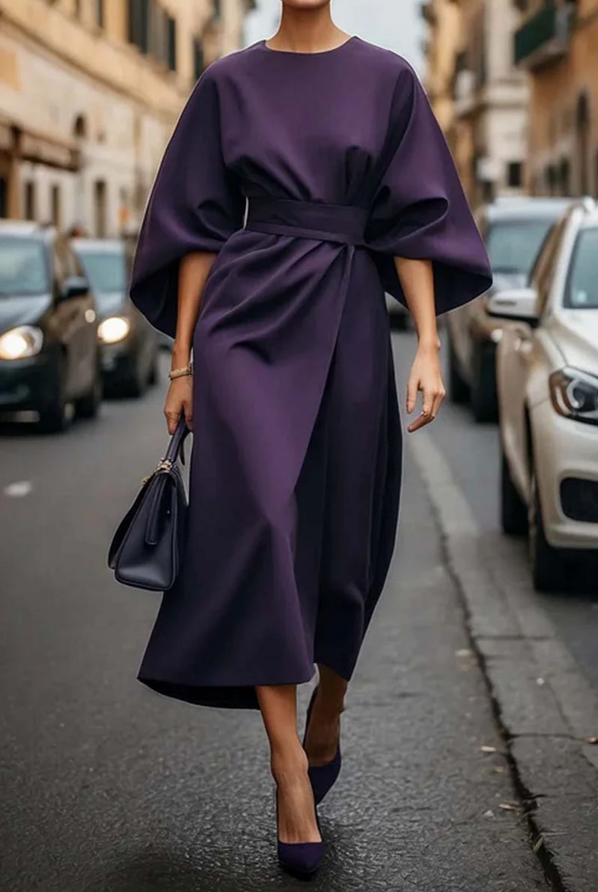Elegant Dress with Lantern Sleeves and Belt
