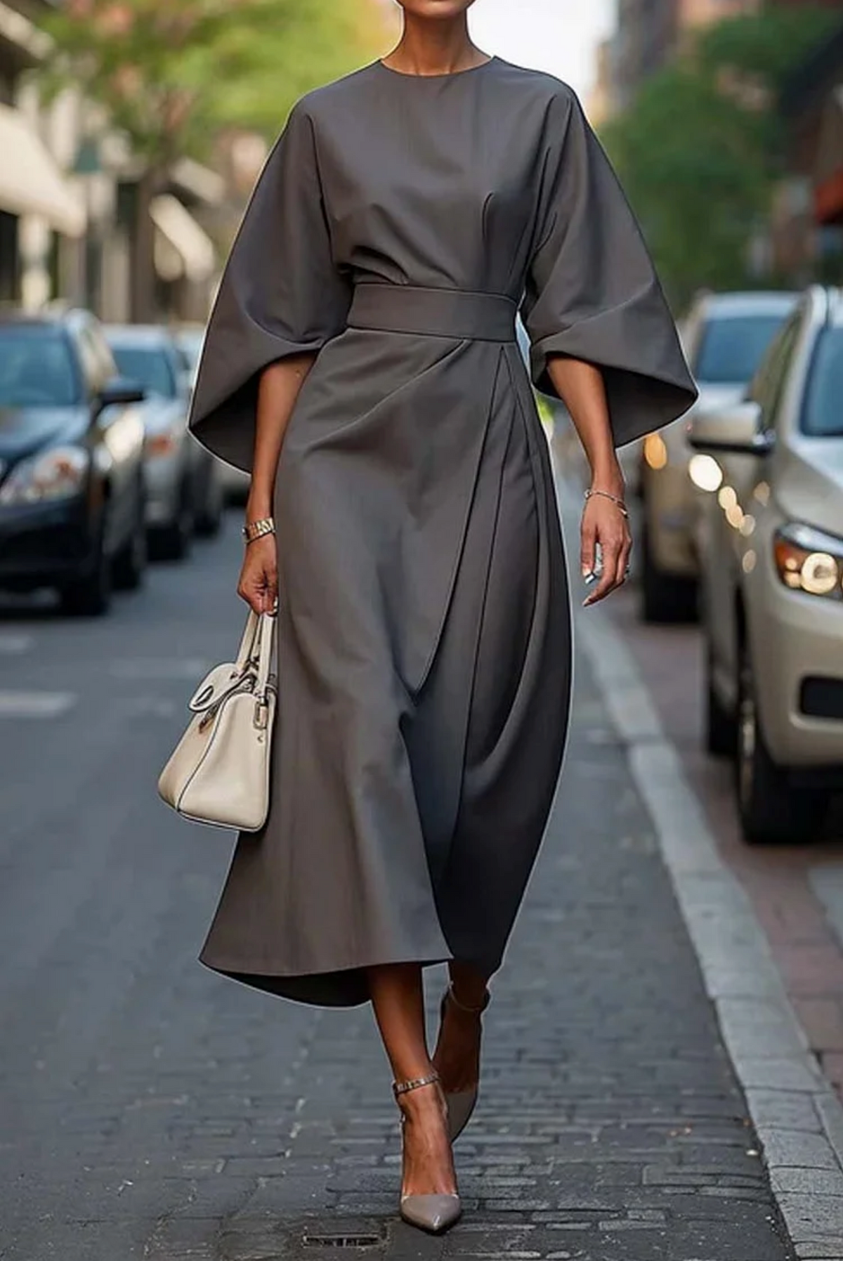 Elegant Dress with Lantern Sleeves and Belt