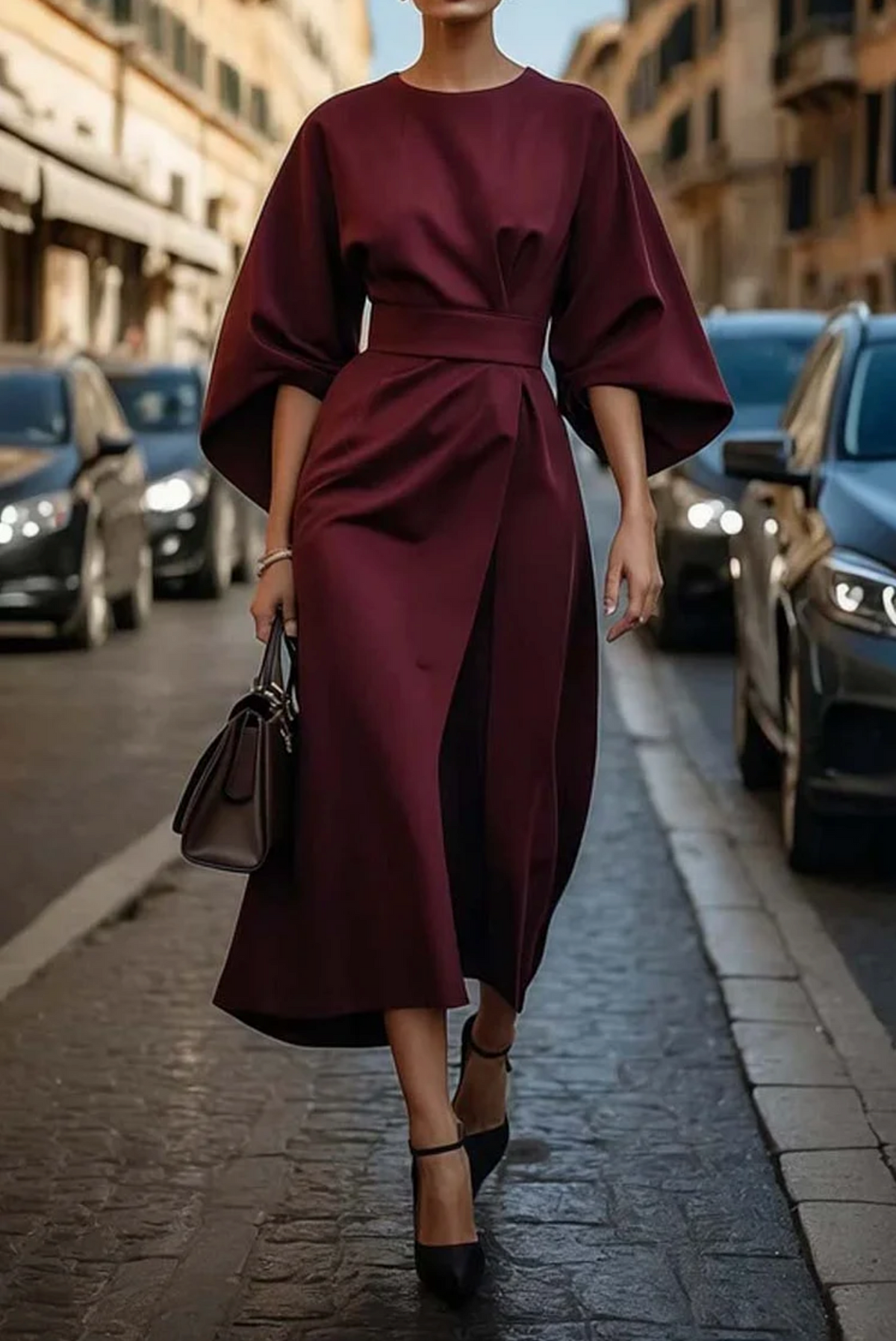 Elegant Dress with Lantern Sleeves and Belt
