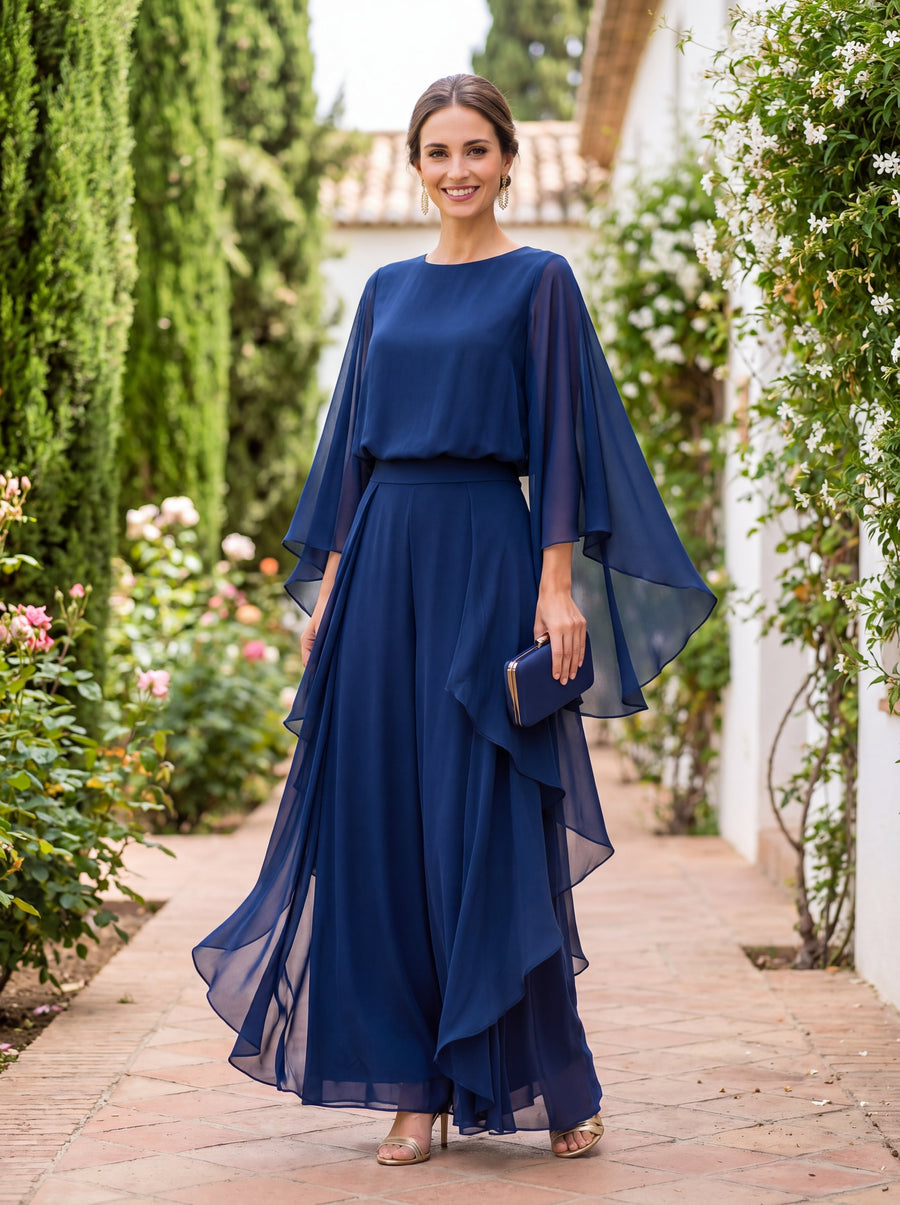 Lenorah | Ruffled Chiffon Top and Straight-Leg Pants Set