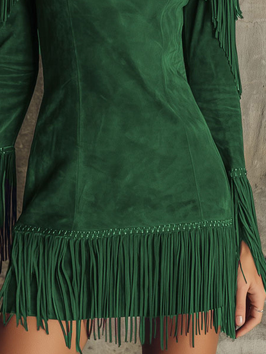 Brown High-neck Off-shoulder Tassel Faux Suede Long-sleeved Mini Dress