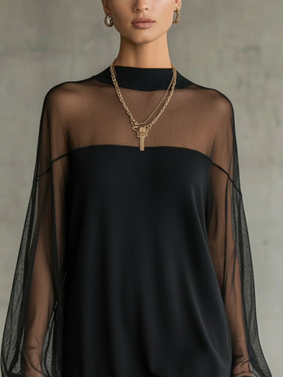 Black Sheer Mesh Sleeve High‑Neck Mini Dress