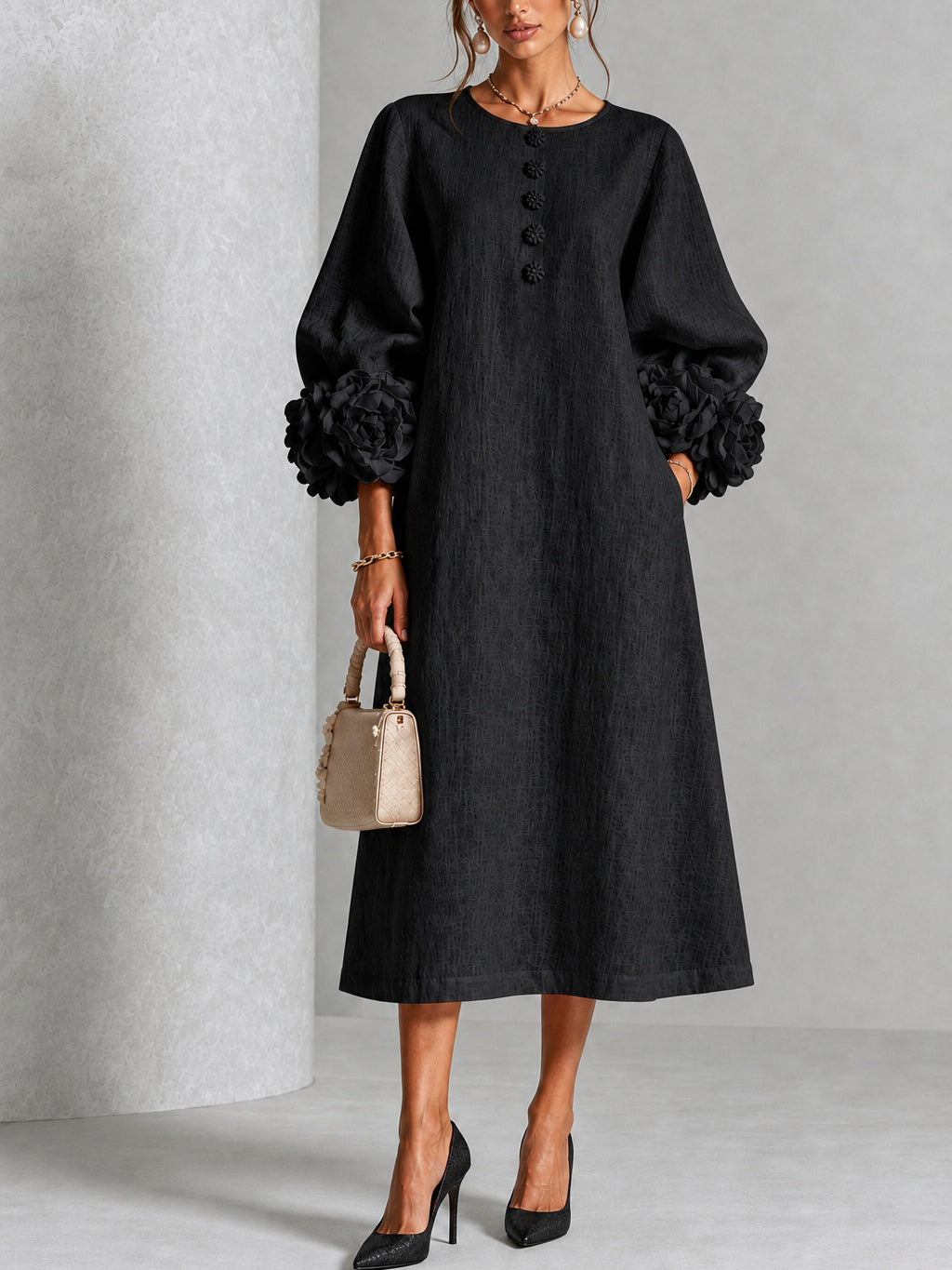 Arabella | Floral-Cuff Midi Dress
