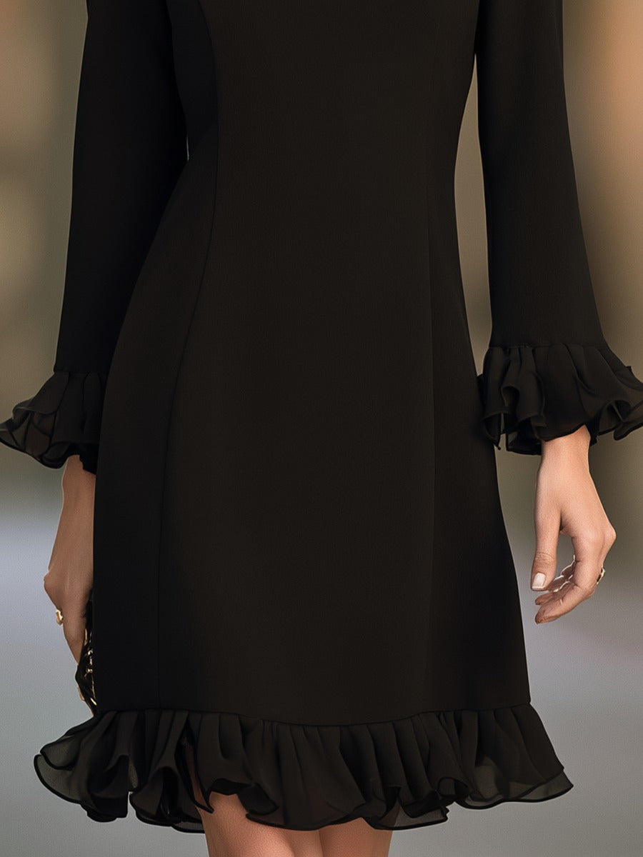 Black V-neck Flared Long-sleeved Ruffle Mini Dress