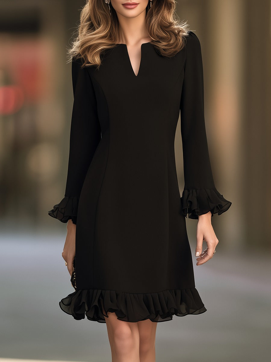 Black V-neck Flared Long-sleeved Ruffle Mini Dress