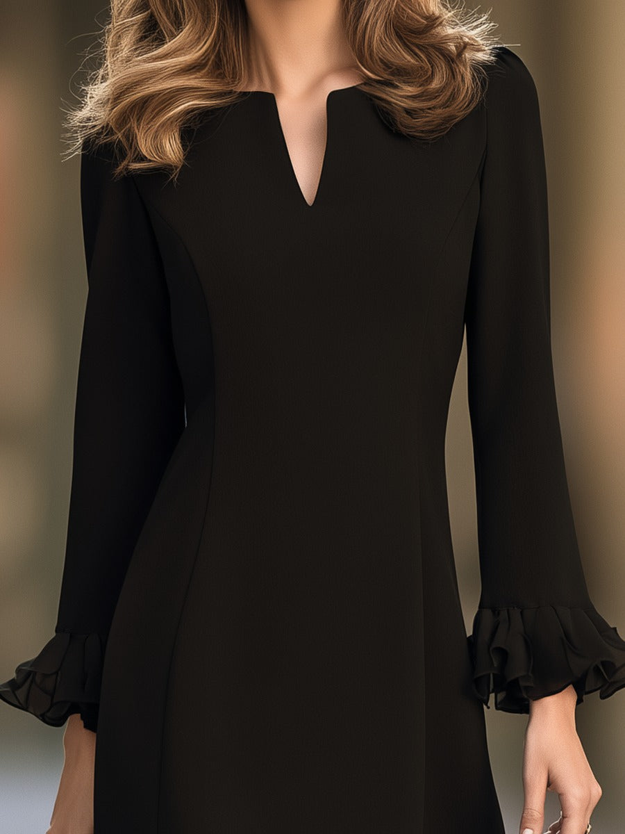 Black V-neck Flared Long-sleeved Ruffle Mini Dress