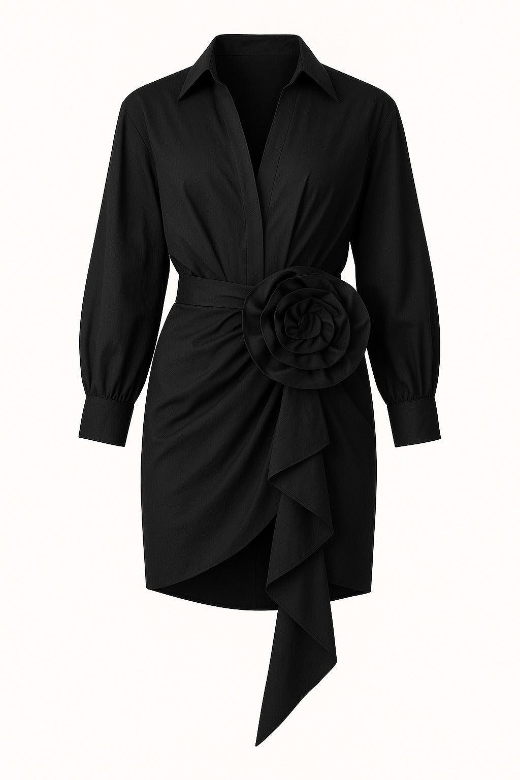Black Shirt Mini Dress With 3D Floral Wrap And Asymmetrical Ruffled Hem