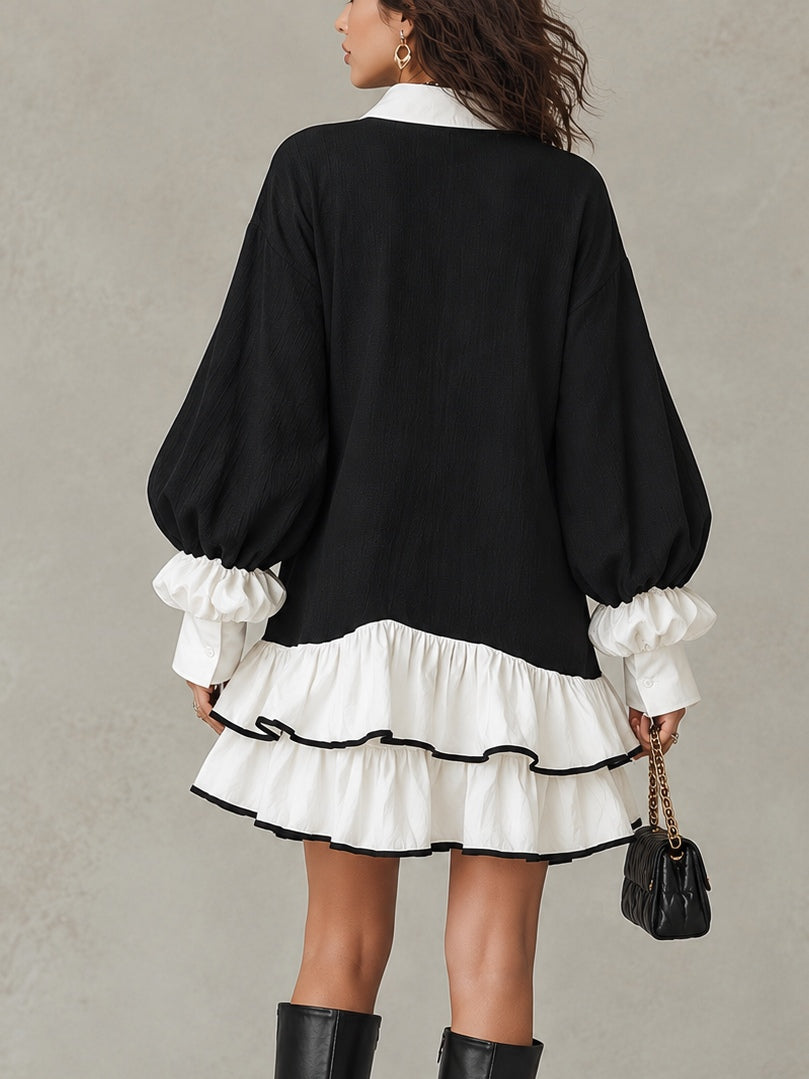 Black White Tie-neck Mini Shirt Dress With Ruffled Layered Hem