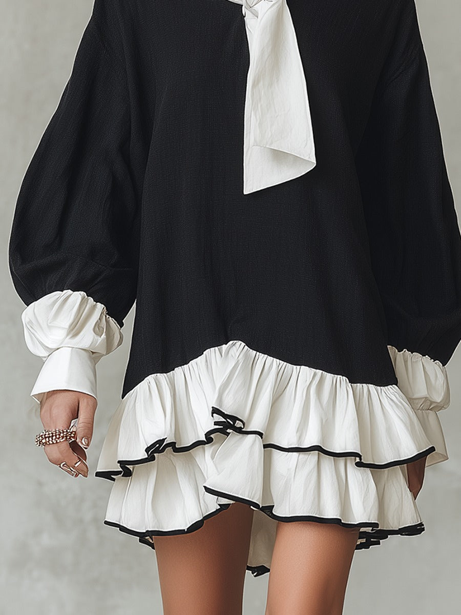 Black White Tie-neck Mini Shirt Dress With Ruffled Layered Hem