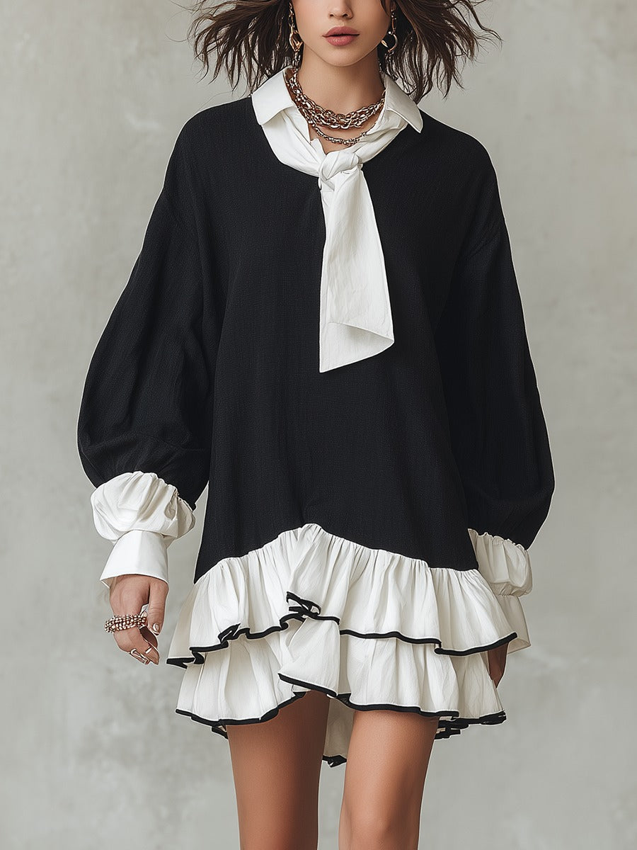 Black White Tie-neck Mini Shirt Dress With Ruffled Layered Hem