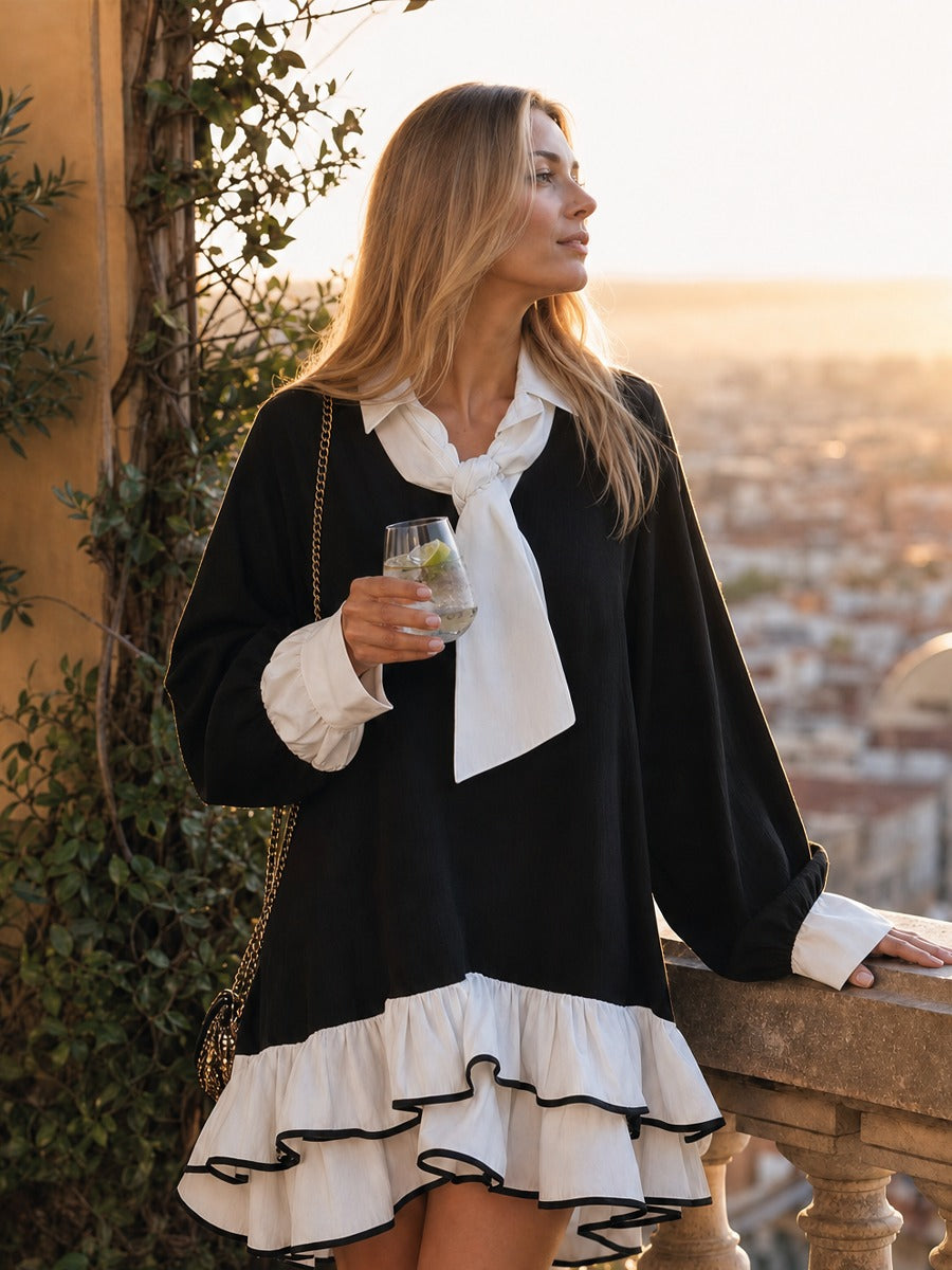 Black White Tie-neck Mini Shirt Dress With Ruffled Layered Hem