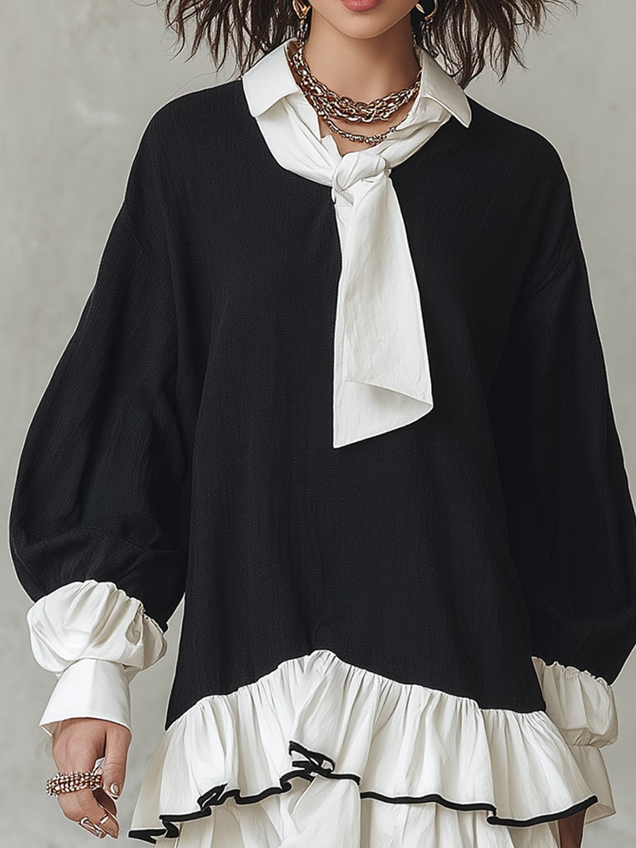 Black White Tie-neck Mini Shirt Dress With Ruffled Layered Hem