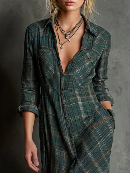 Green Plaid Lapel Single-Breasted Shirt Long Dress