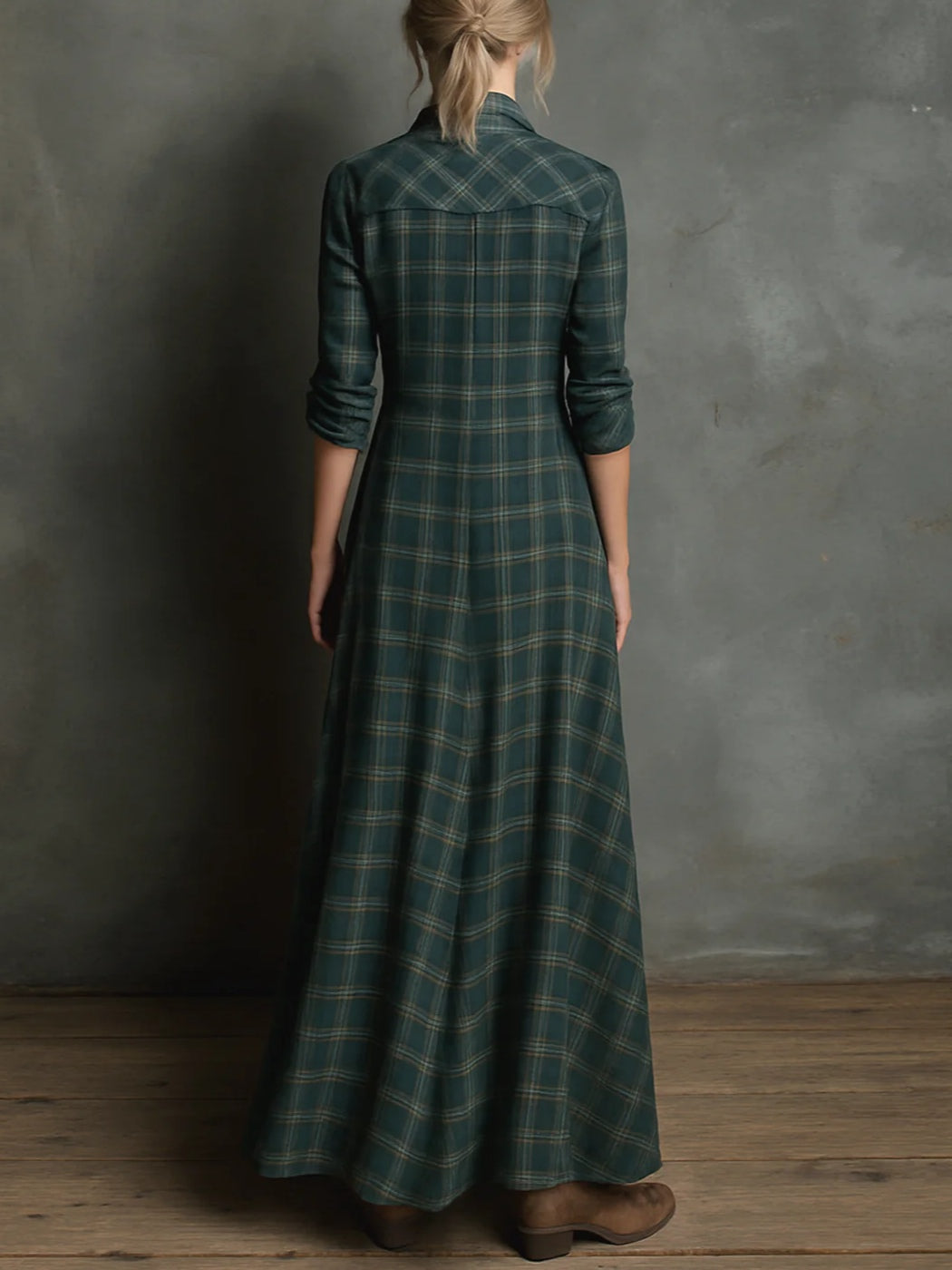 Green Plaid Lapel Single-Breasted Shirt Long Dress