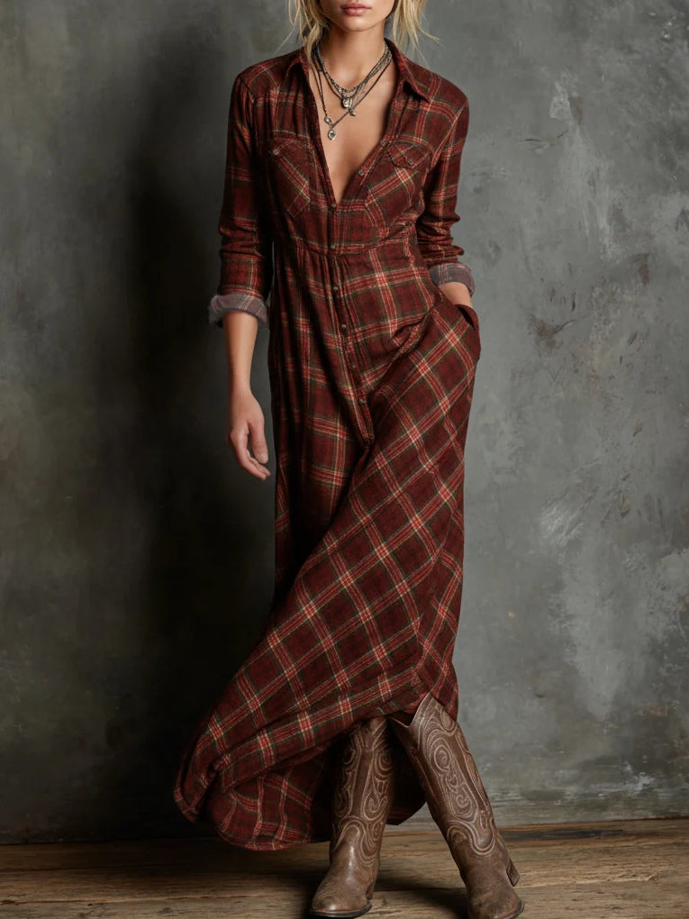 Green Plaid Lapel Single-Breasted Shirt Long Dress