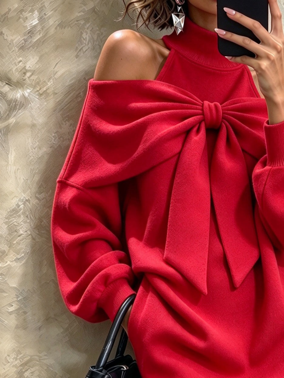 Women Elegant Red Off Shoulder Bow Knit Mini Dress
