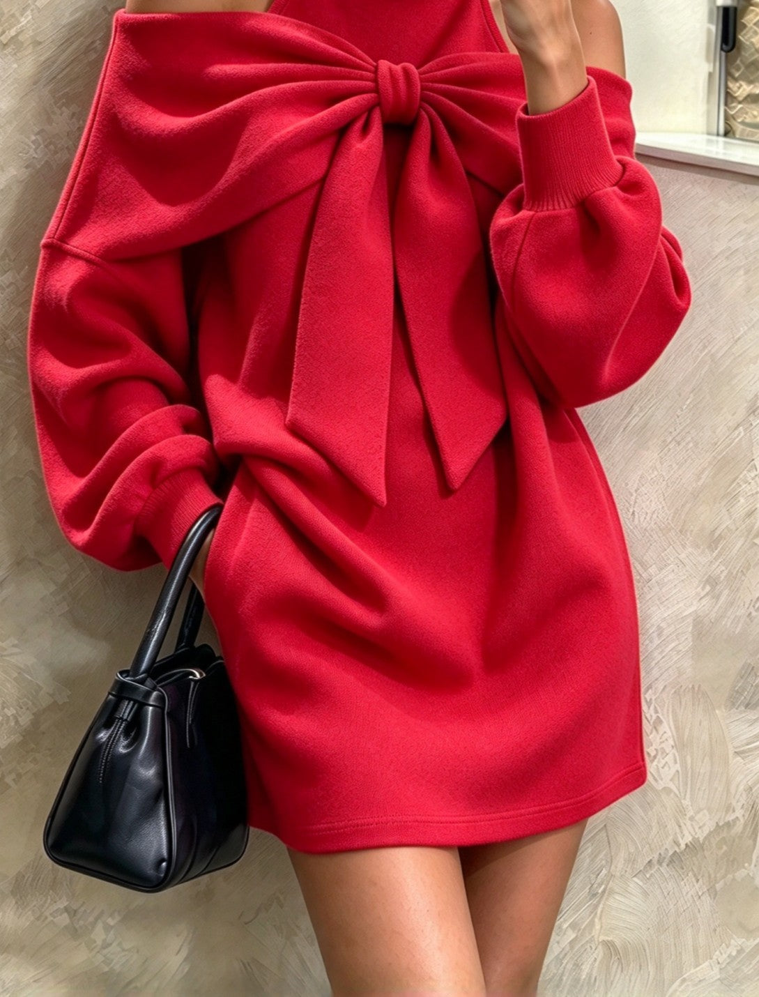 Women Elegant Red Off Shoulder Bow Knit Mini Dress