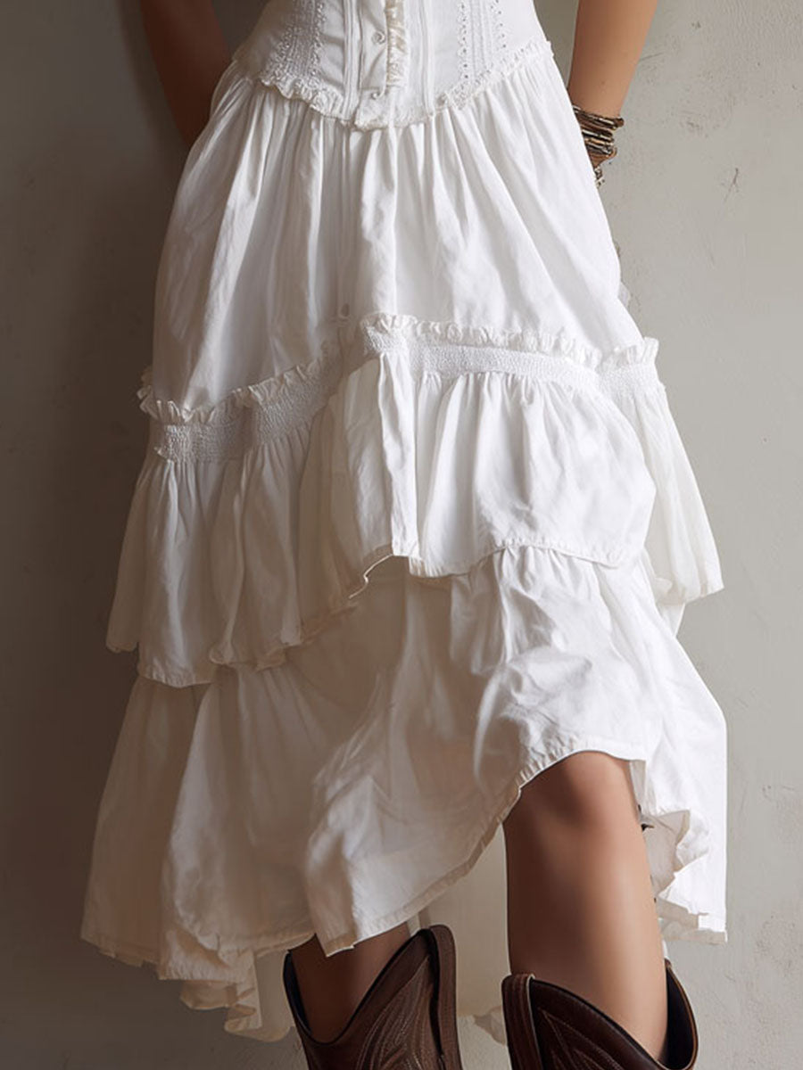 Marisol | Corset Tiered Lace-Trim Midi Dress