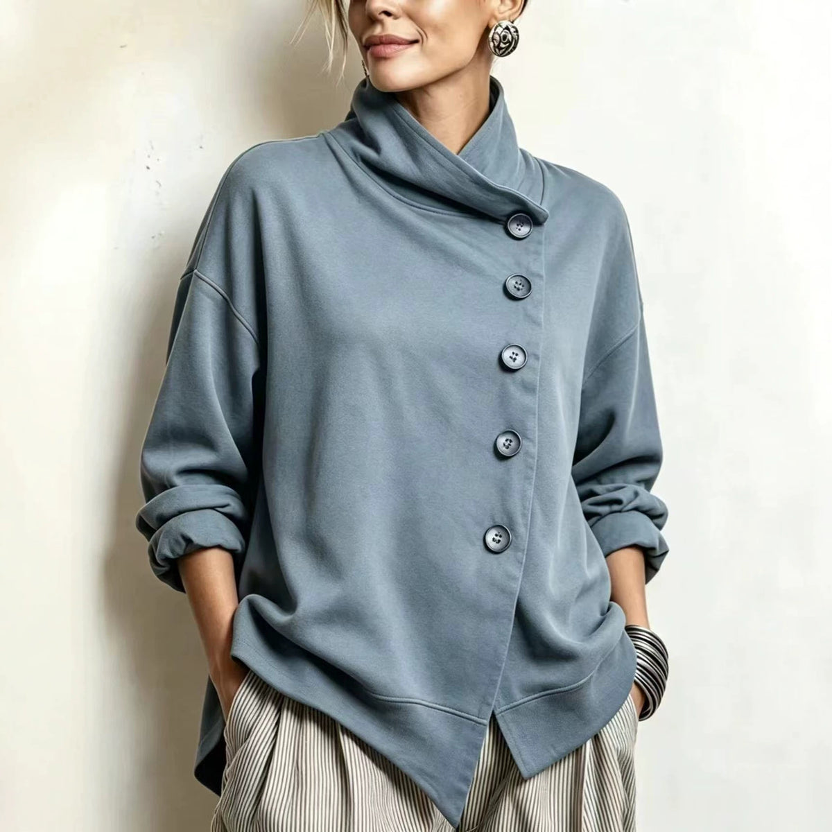 Turtleneck Long-sleeve Top With Slanted Button Placket And Asymmetrical Hem
