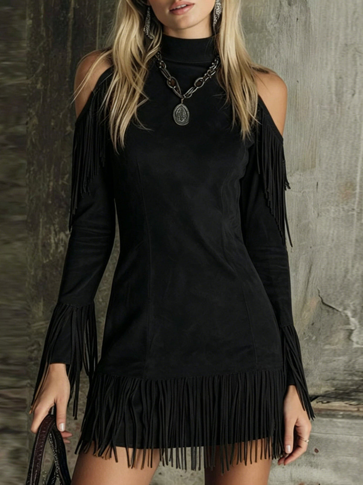 Brown High-neck Off-shoulder Tassel Faux Suede Long-sleeved Mini Dress