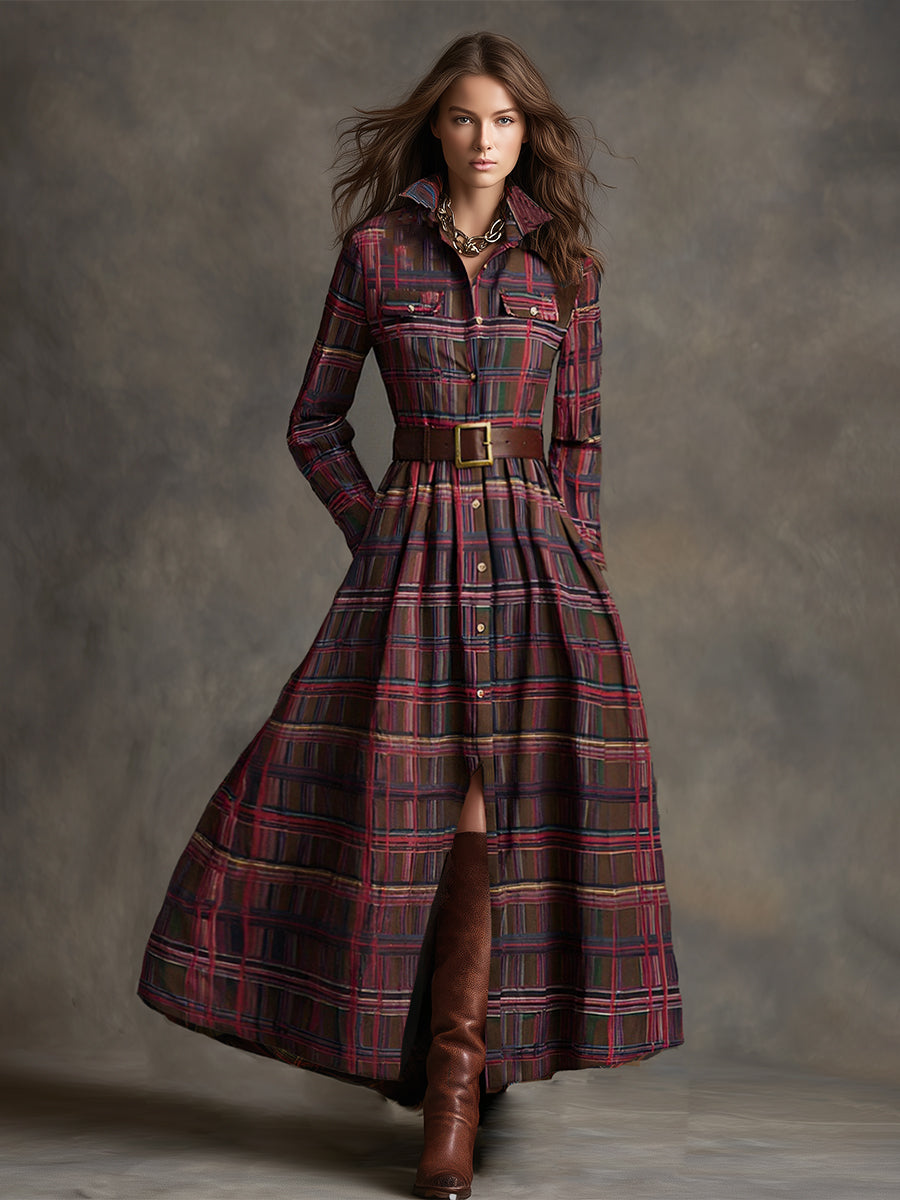 Retro Ethnic Style Lapel Reddish Brown Plaid Maxi Dress