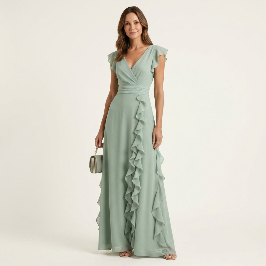 Nellyana | V-Neck Cascading Ruffle Maxi Dress