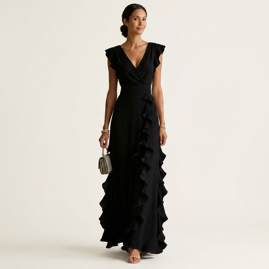 Nellyana | V-Neck Cascading Ruffle Maxi Dress