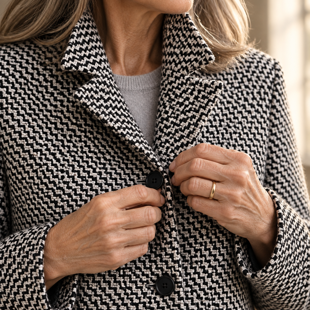 Via Elegant Long Coat fabric and button detail