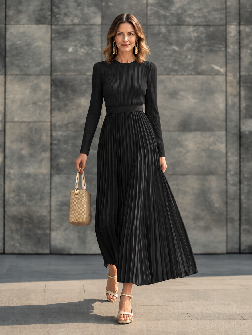 Charlotte ribbed knit pleated midi dress in black