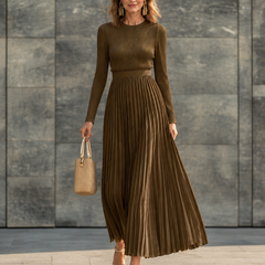 Charlotte ribbed knit pleated midi dress in brown