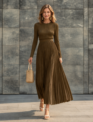 Charlotte ribbed knit pleated midi dress in brown