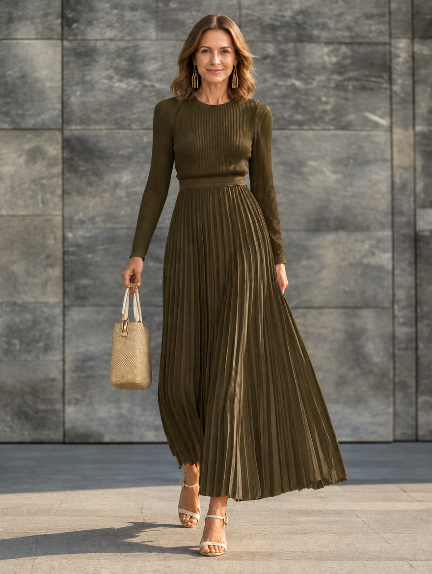 Charlotte ribbed knit pleated midi dress