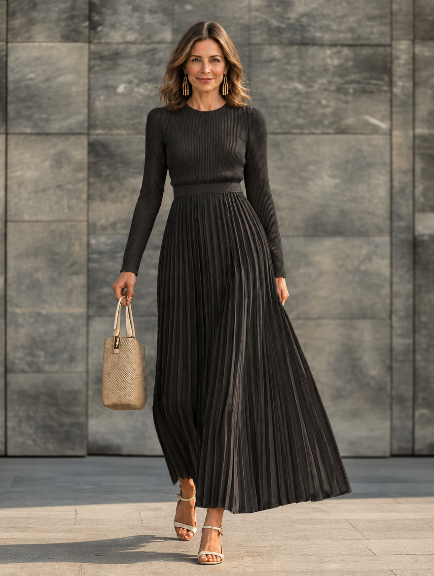 Charlotte ribbed knit pleated midi dress