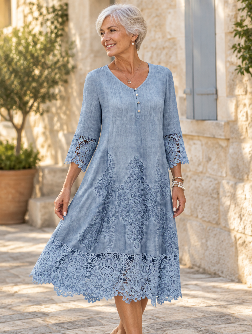 Blue lace midi dress in motion