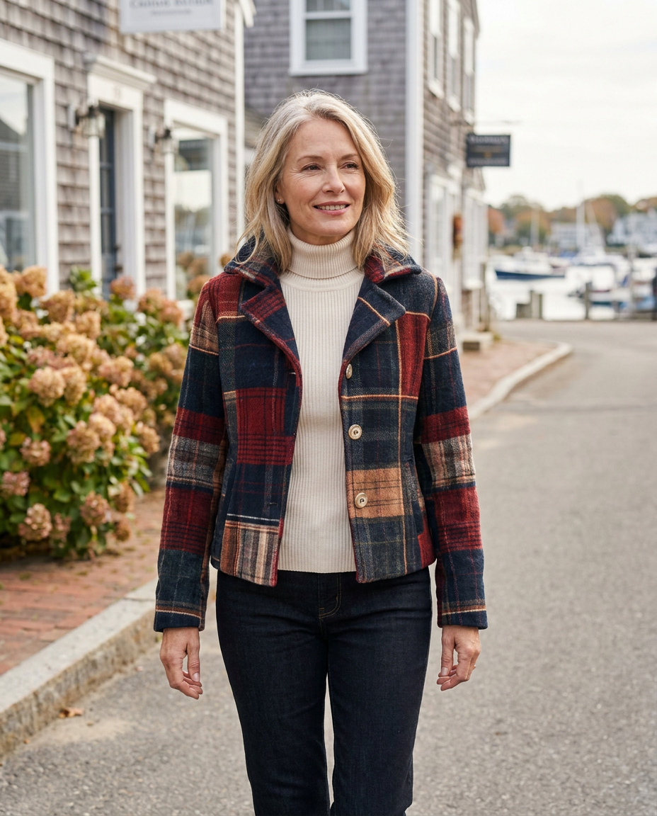 Woman wearing the Ariella plaid wool button-down jacket over a cream turtleneck on a coastal street