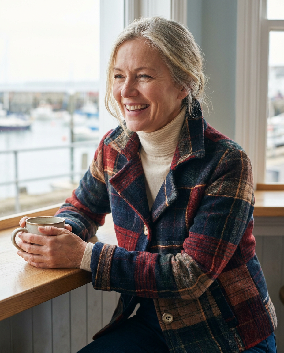 Close view of the Ariella plaid wool jacket worn at a cafe, showing the wool texture and notched collar