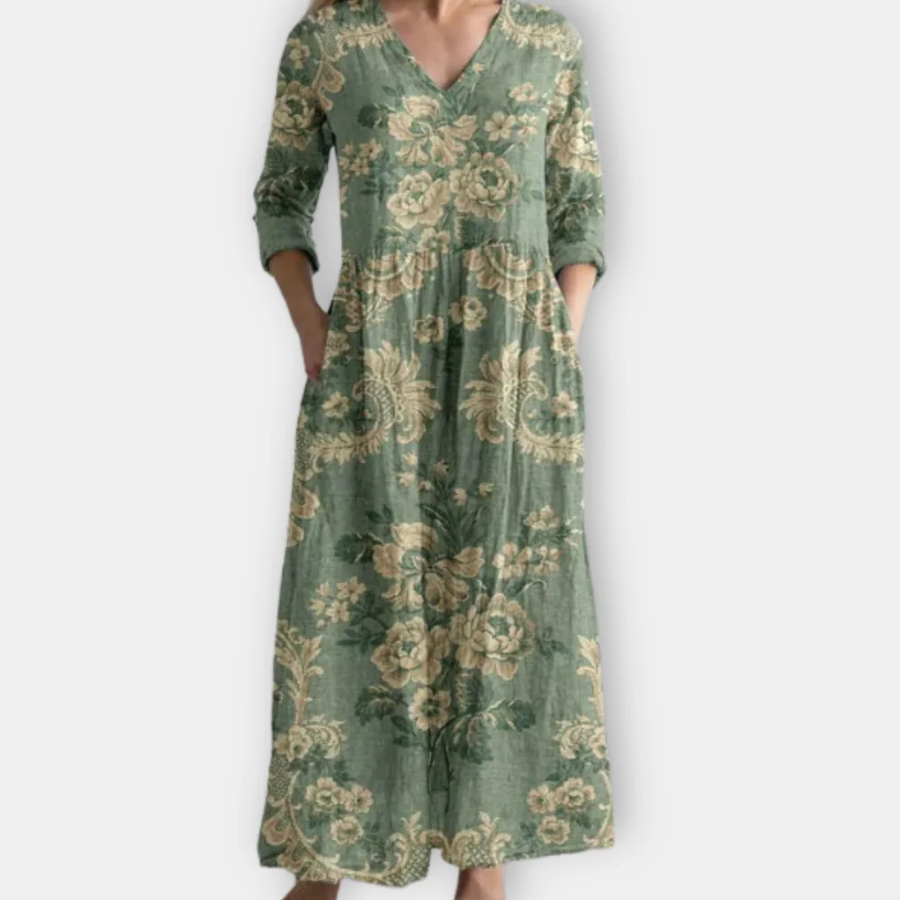 Pearl - Elegant V-Neck Floral Cotton Dress
