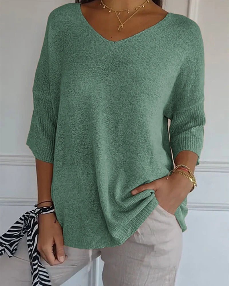 Eva | Soft Knit 3/4 Sleeve V-neck Pullover Sweater