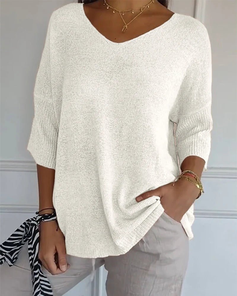 Isabel | Soft Knit 3/4 Sleeve V-neck Pullover Sweater