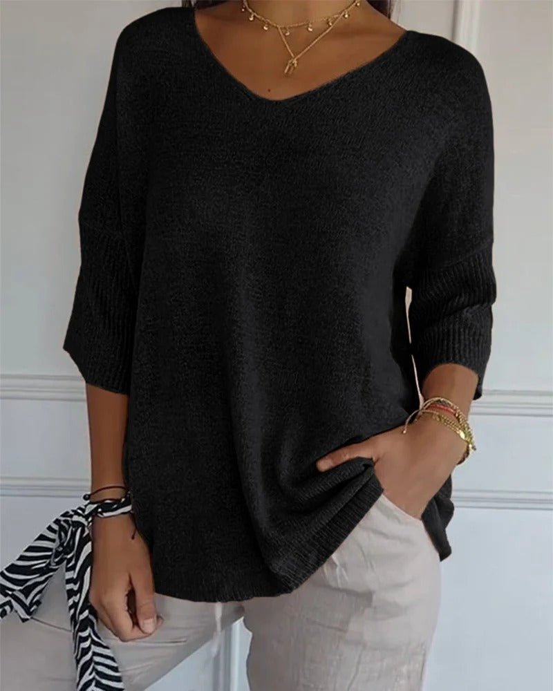 Elora | Soft Knit 3/4 Sleeve V-neck Pullover Sweater