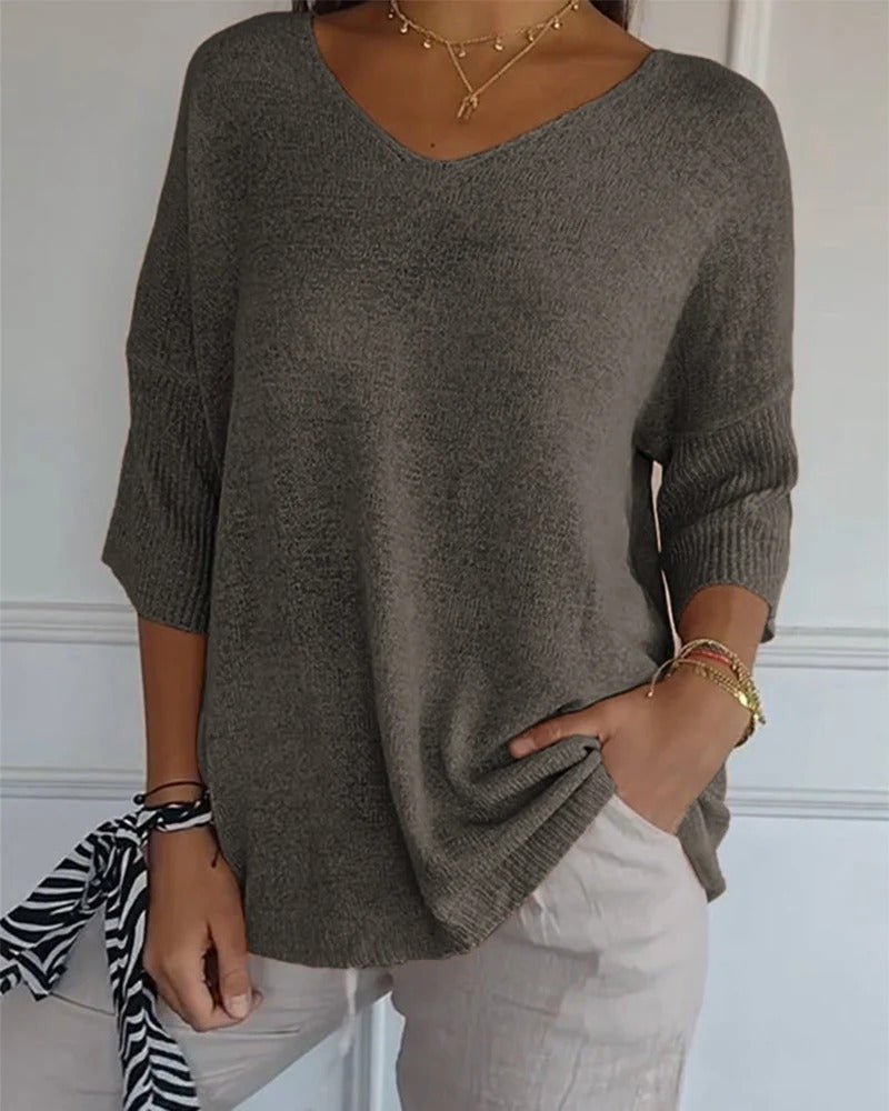 Emelia | Soft Knit 3/4 Sleeve V-neck Pullover Sweater