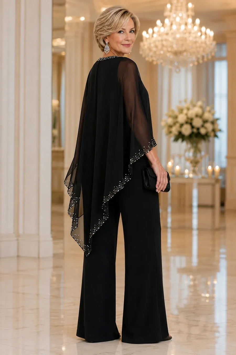 Evelyn | Beaded Cape Wide-Leg Pant Suit