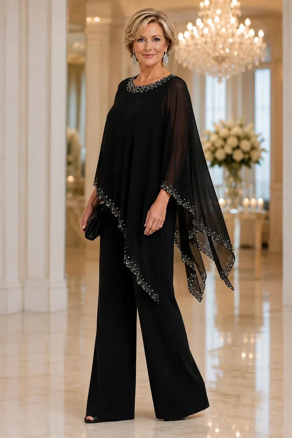 Evelyn | Beaded Cape Wide-Leg Pant Suit