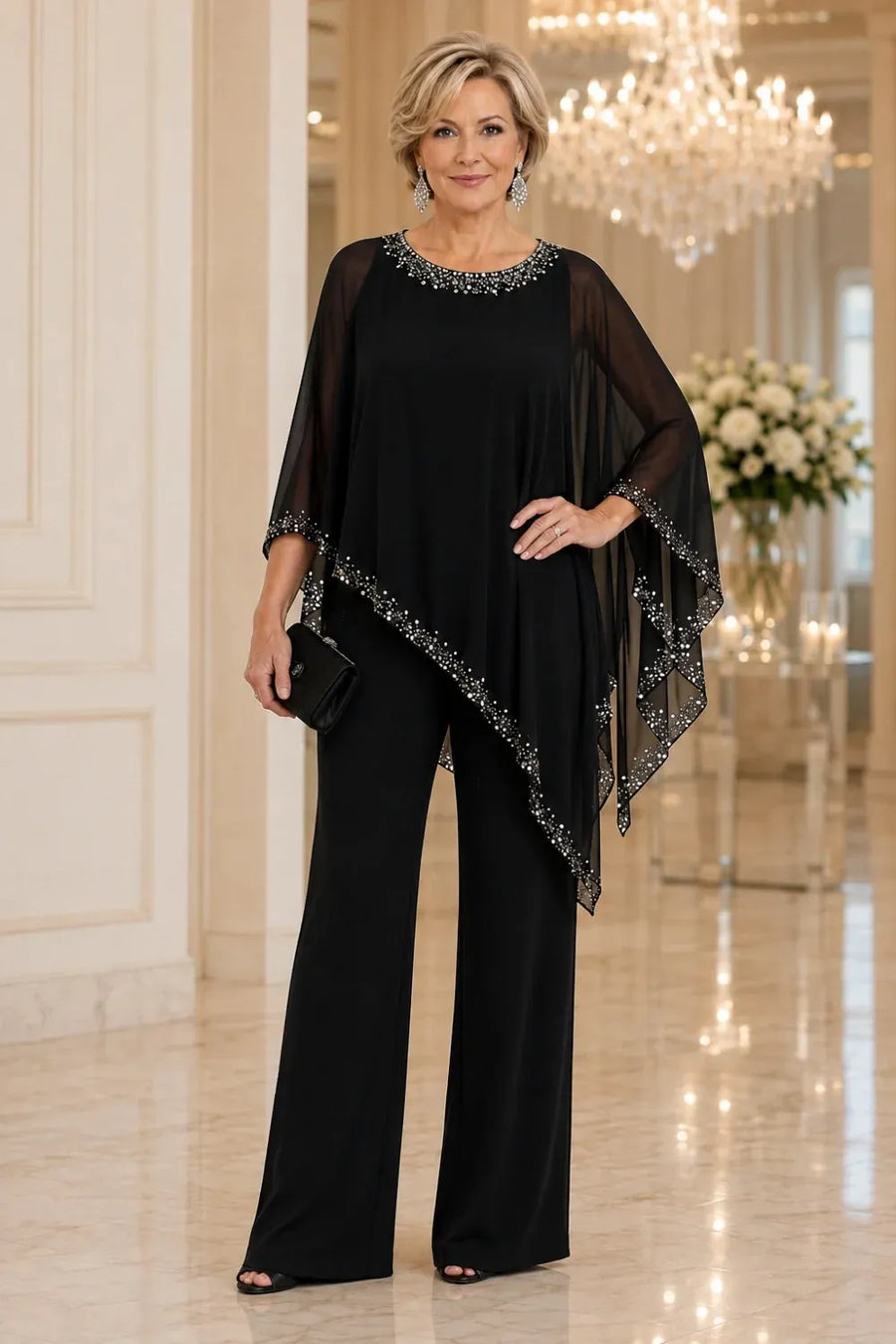 Evelyn | Beaded Cape Wide-Leg Pant Suit
